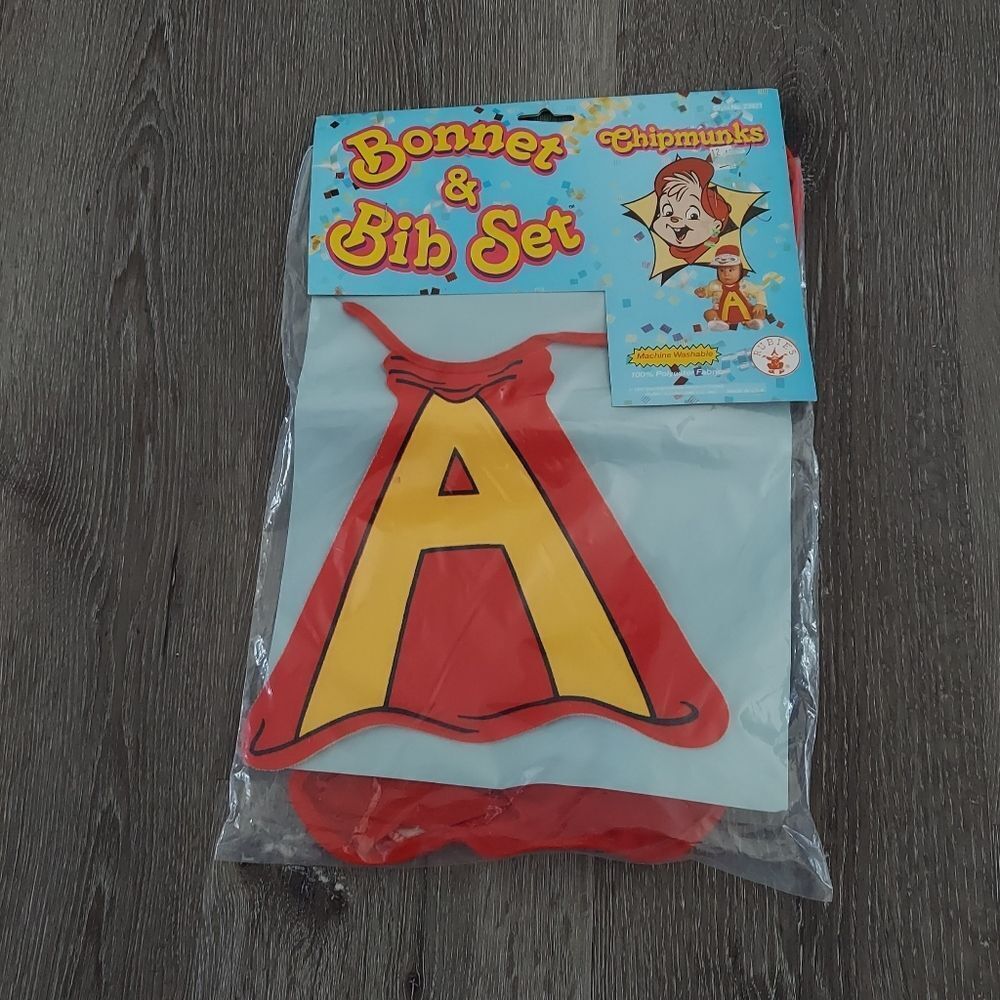 Vintage 1991 Rubie's Costume Alvin and the Chipmunks Bonnet & Bib Set